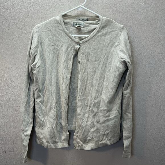 L.L. Bean Cardigan Knit Top 2 Piece Set Sweater Size M Tan Granny 100% Cotton - Picture 1 of 5